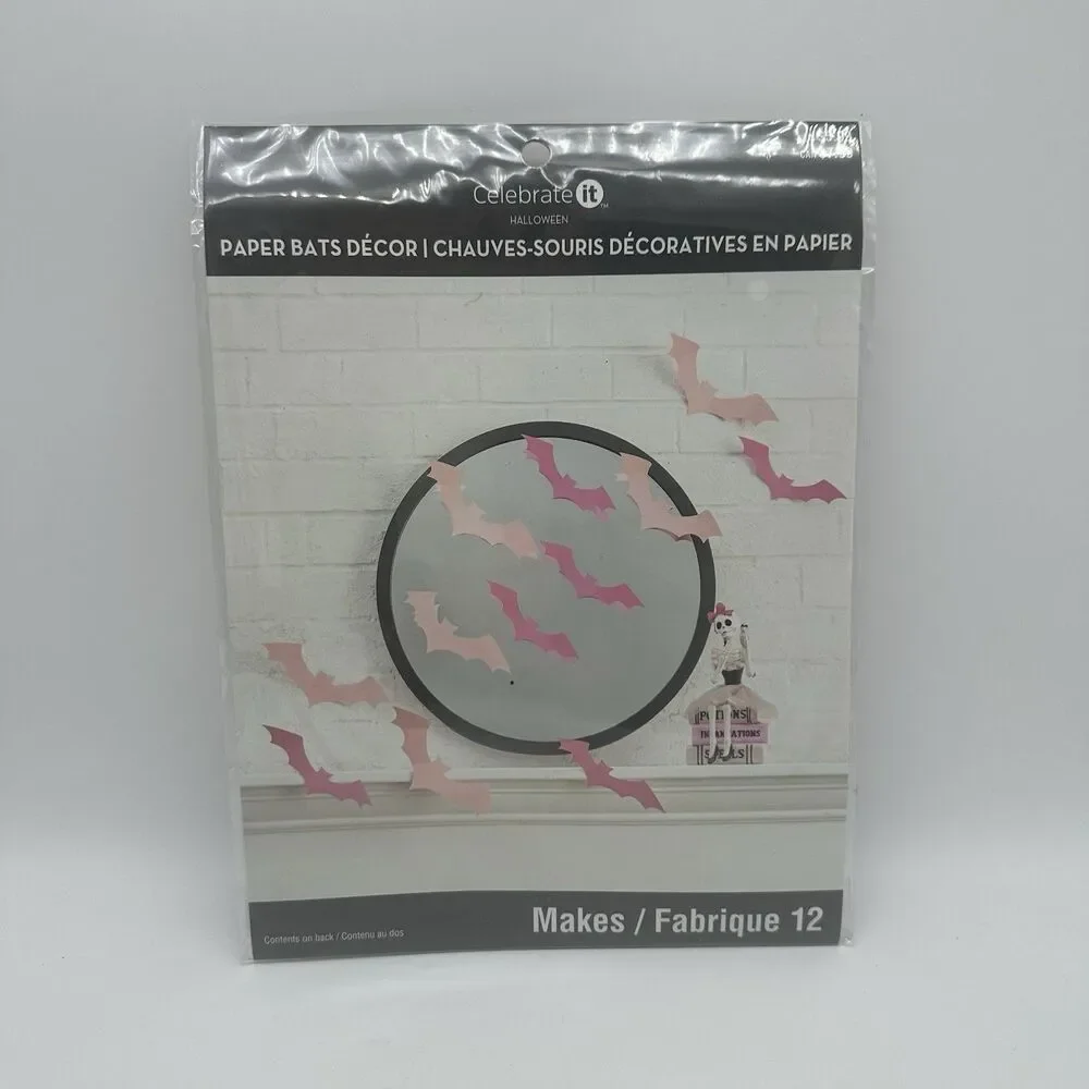 Celebrate It Pink Halloween Paper Bats Wall Decor Pastel Goth Spooky 12 Pcs NEW